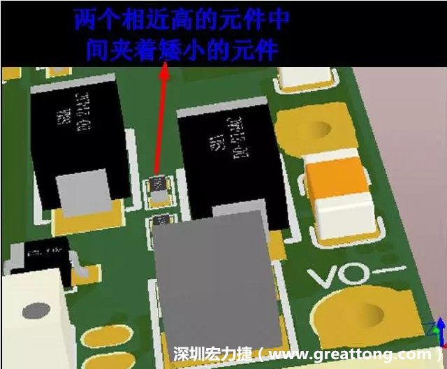 放置器件時(shí)要考慮以后的焊接和維修，兩個(gè)高度高的元件之間盡量避免放置矮小的元件