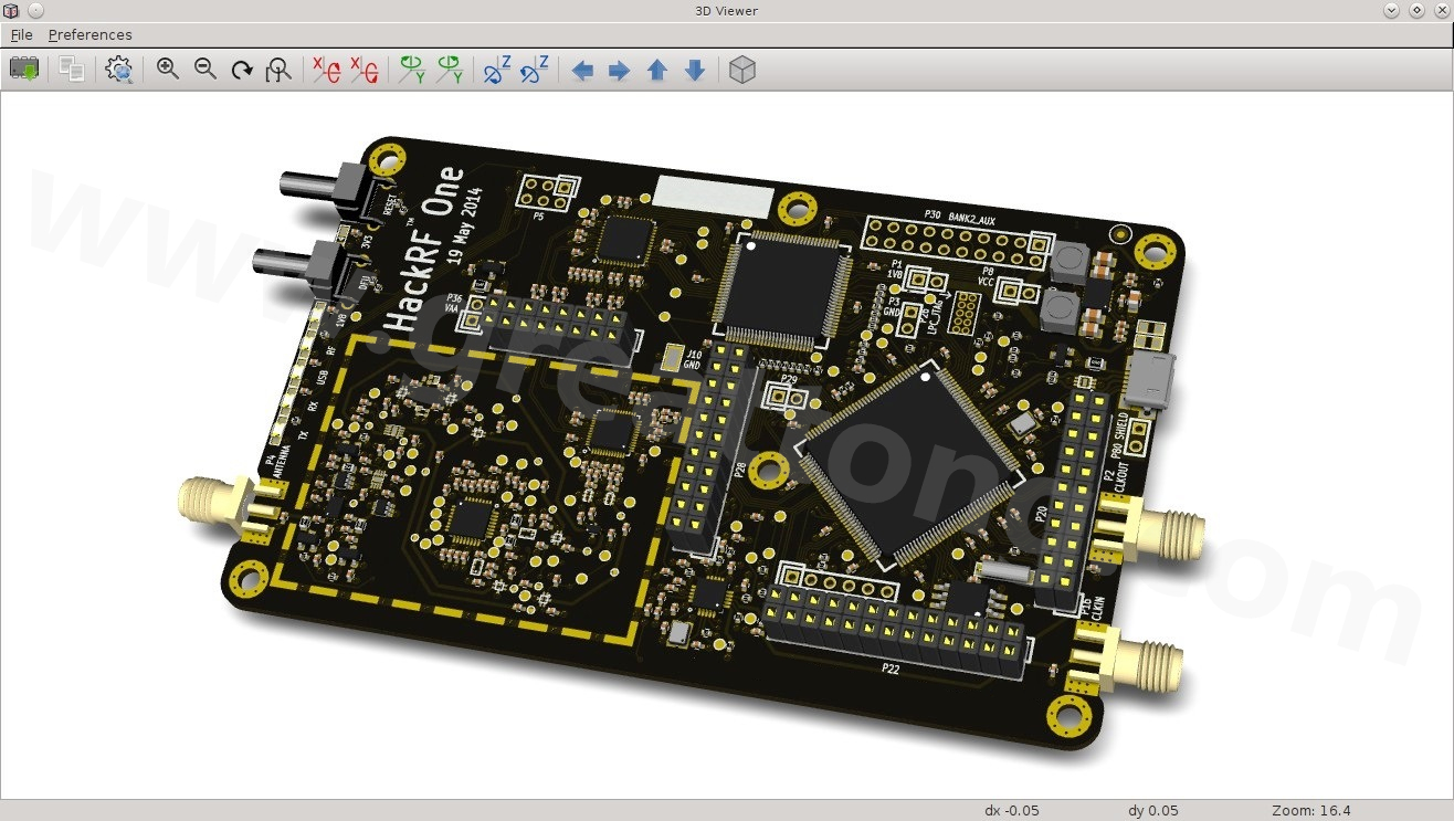 經(jīng)KiCad軟體3D功能渲染過的HackRF One電路板。