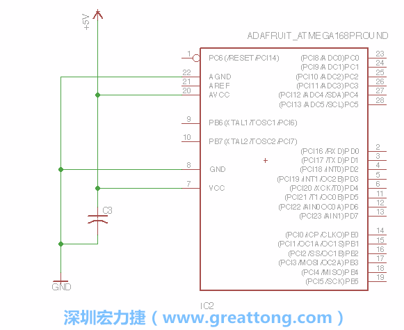 3.1.    新增微控制器晶片（RBBB → ATmega），把它放在電路原理圖的中央附近，把它的兩個(gè)接地接頭連接到接地訊號(hào)端。