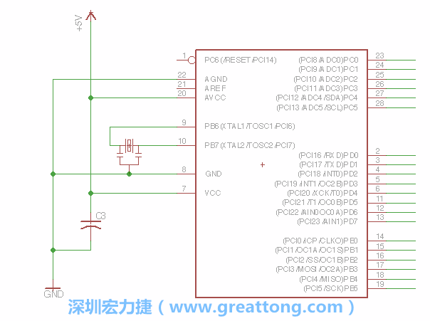 3.2.    在靠近ATmega的電源供應(yīng)針腳7的位置放置一個(gè)0.1μF的電容，將它分別連接電源、接地端和針腳7。