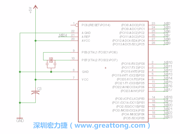 3.3.    將共鳴器（resonator）放置在針腳9和針腳10附近，將它的三個(gè)針腳連接如圖所示，并確認(rèn)最中間的針腳有連到接地端。
